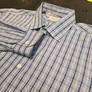 Charvet Paris Mens Dress Shirt 17.5 L Blue White Striped Cotton Made in France